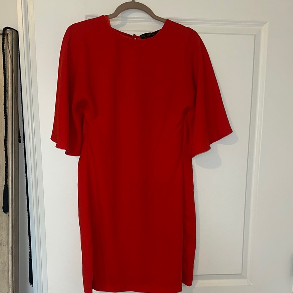 Zara Red Sheath Dress with Flutter Sleeves